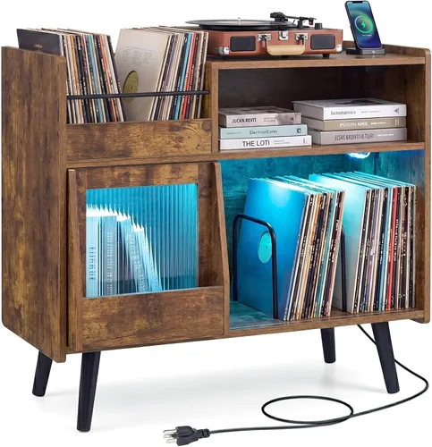 Vista 10 de Giantex Soporte grande para tocadiscos con luz LED, soporte para tocadiscos moderno de mediados de siglo con puerta deslizante, estación de carga