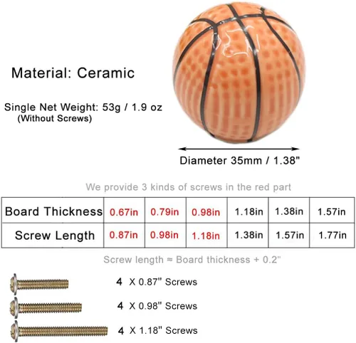 Vista 2 de Pomos de cerámica pesada para baloncesto, 4 piezas de pelota deportiva temática de fiesta para niños y bebés, decoración del hogar, manijas