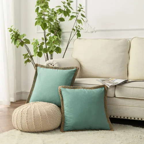 Vista 9 de LIGICKY Paquete de 2 fundas de almohada decorativas de arpillera con bordes a medida, fundas de almohada cuadradas para sofá, cama, sala de estar