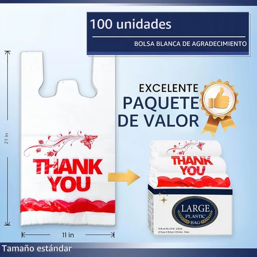 Vista 3 de YoYoRain Bolsas blancas de agradecimiento, 100 bolsas para camisetas, bolsas para llevar, bolsas de comestibles, reutilizables y desechables