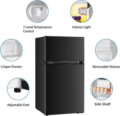 Vista 4 de Saeoola Mini refrigerador con congelador, 3.2 pies cúbicos, mini refrigerador compacto de 2 puertas con congelador separado para dormitorio