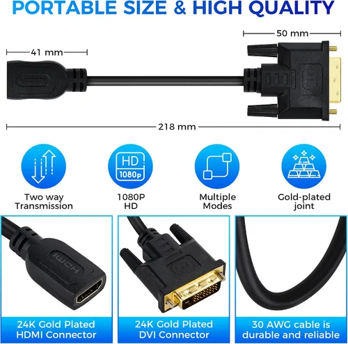 Vista 2 de Adaptador HDMI hembra a DVI macho (paquete de 2), conector DVI bidireccional macho a HDMI hembra, compatible con 1080P Full HD compatible con Roku