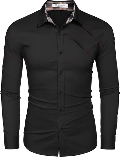 Vista 4 de COOFANDY Camisas de vestir de algodón para hombre, manga larga, cuello a cuadros, ajuste delgado, casual, con botones