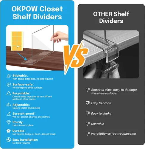 Vista 2 de OKPOW Organizador de armario divisores de estantes, 7.5 pulgadas de alto x 11.8 pulgadas de profundidad, acrílico transparente, resistente, separado