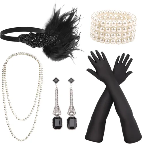 Vista 17 de DRESHOW Juego de accesorios del Gran Gatsby de los años 20 para mujer, accesorios de disfraz de flapper, diadema de plumas, juego de accesorios de 1