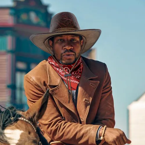 Vista 2 de L'VOW Conjunto de sombrero de vaquero retro de piel sintética con bandana para mujeres y hombres, disfraz temático de fiesta