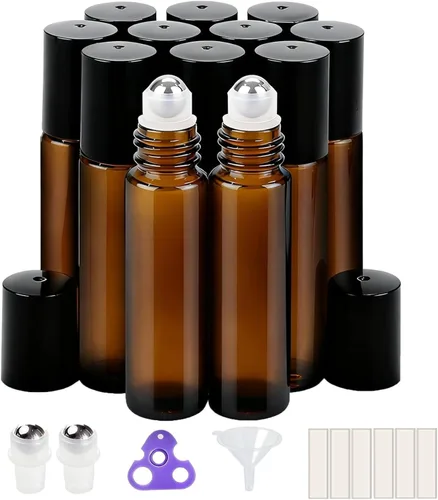 Vista 16 de PrettyCare 4 Pack 10ml Amber Glass Essential Oil Roller Bottles - Roller Ball Applicator, Leakproof Roll on Bottles, Travel Size Containers, Empty
