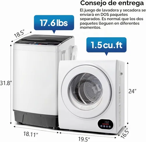 Vista 2 de ROVSUN Juego de lavadora completamente automática de 17.6 libras y secadora de ropa portátil de 1.5 pies cúbicos, juego combinado de lavadora