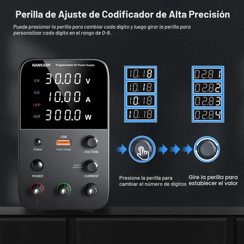 Vista 3 de Fuente de alimentación de CC variable, fuente de alimentación de banco con perilla de ajuste del codificador, botón de activación/desactivación