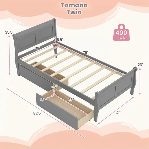 Vista 2 de KOMFOTT 2 camas individuales con 2 cajones, cama de almacenamiento individual con cabecero para dormitorio, marco de cama de madera de trineo