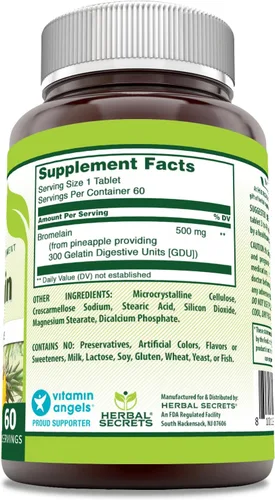 Vista 2 de Herbal Secrets Suplemento de bromelina de 500 mg en tabletas Sin OMG Sin gluten Fabricado en Estados Unidos (60 unidades)