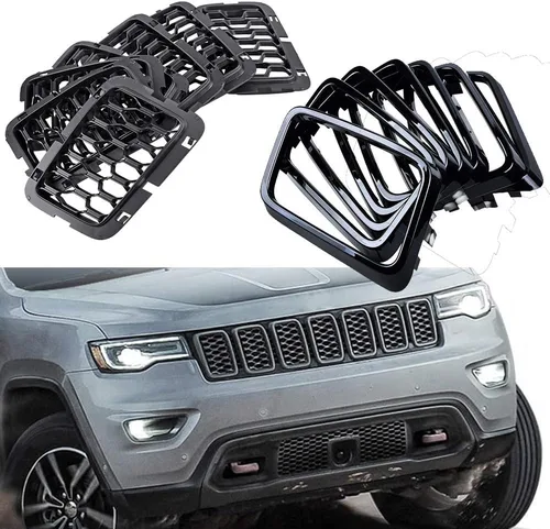 Vista 19 de Juego de 7 piezas de insertos de parrilla delantera negra estilo malla de panal compatible con Jeep Cherokee 2014-2018 Malla negra mate + ribete