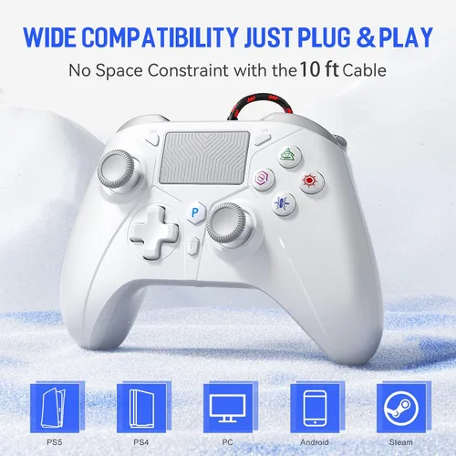 Vista 3 de Dinosoo Controlador con cable de 10 pies, almohadilla táctil múltiple y botones traseros para PS5/PS4/PC - Turbo, Macro, conector de 0.1 in (blanco)