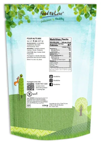 Vista 2 de Food to Live Mezcla prémium de cuatro nueces, 8 onzas, una mezcla de pistachos tostados secos, almendras, nueces, anacardos y almendras con sal