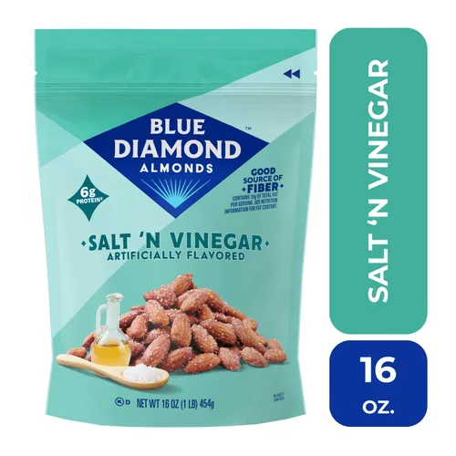 Vista 3 de Blue Diamond Almendras saborizadas con Sal y Vinagre, nueces para snacks, bolsa resellable de 16 oz, paquete de 1