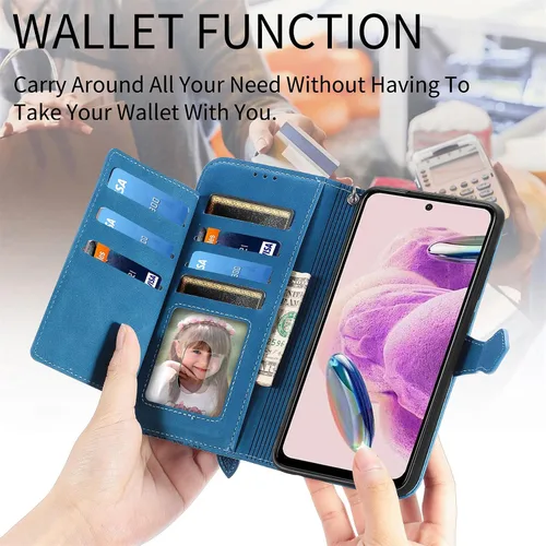 Vista 6 de Funda de teléfono tipo cartera para Redmi Note 12s, diseño de cremallera de hojas de alta capacidad con múltiples tarjetas, simple y versátil