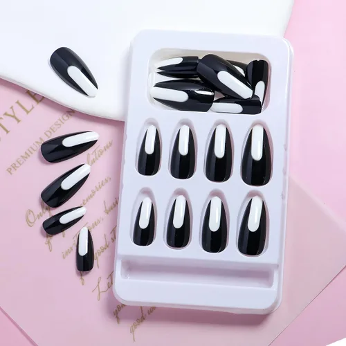 Vista 3 de 24 uñas postizas medianas a presión, color blanco y negro, uñas con pegamento en forma de almendra, uñas postizas brillantes con diseños, uñas