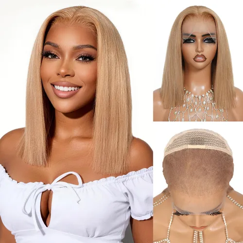Vista 9 de Peluca de cabello humano rubio estilo Bob de 13 x 4 con encaje frontal, peluca Bob de 10 pulgadas 613 Lace Front Wig Human Hair Pre Plucked With