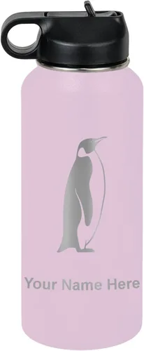 Vista 26 de LaserGram Botella de agua personalizada, pingüino, acero inoxidable de doble pared aislada al vacío con popote superior, regalo grabado