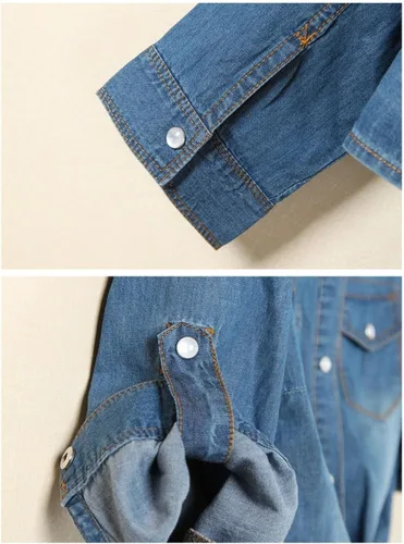 Vista 5 de happlan Camisa corta corta de mezclilla con solapa y manga 34 para mujer