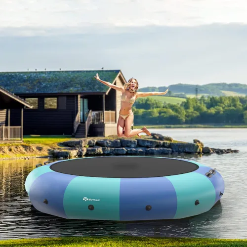 Vista 10 de Goplus - Trampolín inflable de agua de 10 pies, 12 pies, 15 pies, rebotador acuático recreativo con inflador eléctrico, escalera de cuerda, cuerdas