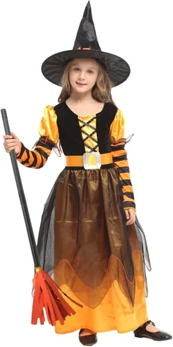 Vista 3 de Witch Costume Girls Halloween Witch Dress Costumes Kids Deluxe Witch Hat Broomstick Halloween Candy Bags Fancy Dress Up Party