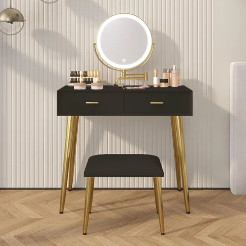 Vista 3 de Escritorio de tocador con espejo y luces, tocador de maquillaje con cajones y taburete, juego de tocador con superficie de cuero, mesa de tocador