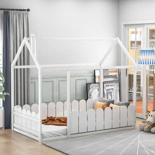 Vista 14 de Merax House Bed Twin Size Wood Bed Frame with Roof and Fence for Girls, Boys, Weight Capacity No Limit (Espresso)