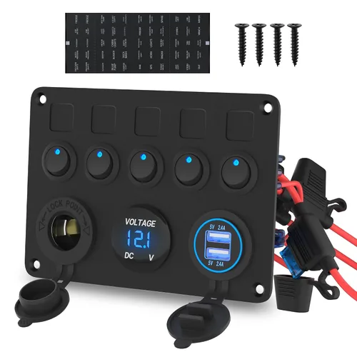 Vista 7 de RVMARINEPAT - Panel de interruptores marinos impermeable de 12 voltios, 5 mandos, interruptor basculante azul con luz, con doble toma USB de 4,8 A