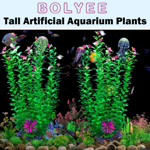 Vista 10 de 2 plantas de decoración de acuario de 21 pulgadas, plantas de plástico artificial extra grandes con flores, decoración de pecera alta para pecera