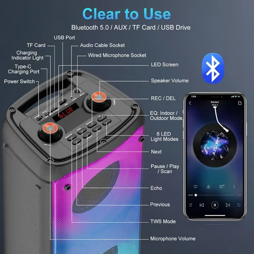Vista 9 de Altavoz Bluetooth, 80W de potencia máxima, inalámbrico, TWS, portátil, para exteriores, altavoces para fiestas con subwoofer, graves profundos, Negro