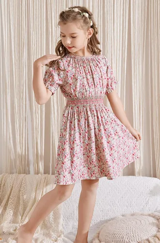 Vista 4 de Vestido floral con cintura fruncida para niñas, ropa de juego para la iglesia, vacaciones, vestido midi suave con bolsillos