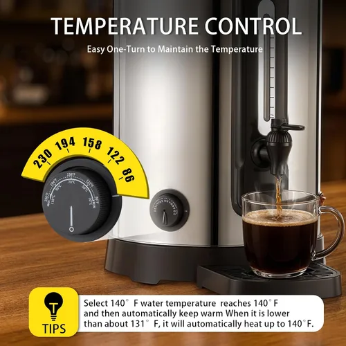 Vista 3 de Urna de café de 30 tazas de acero inoxidable de doble pared, cafetera comercial de 9L con función de mantener el calor, cafetera para eventos