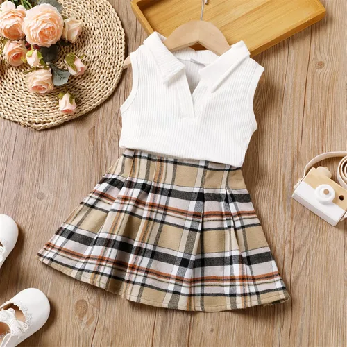 Vista 2 de PATPAT Kid Girls 2 Piece Outfits Solid Flutter Long-sleeve Top and Button Down Houndstooth Skirt Set