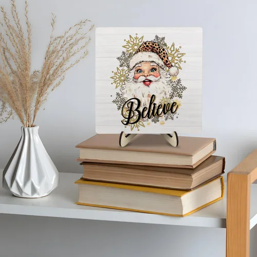 Vista 7 de Letrero de placa de madera con texto en inglés "Merry Christmas", letrero de madera para decoración de escritorio de oficina en casa, 5.9 x 5.9