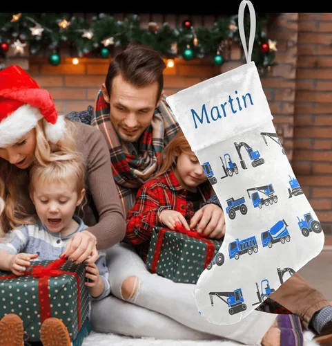 Vista 5 de Medias de Navidad para camión volquete personalizadas, color azul, bolsa de dulces con nombre para decoración de fiestas familiares, regalo de 17.52