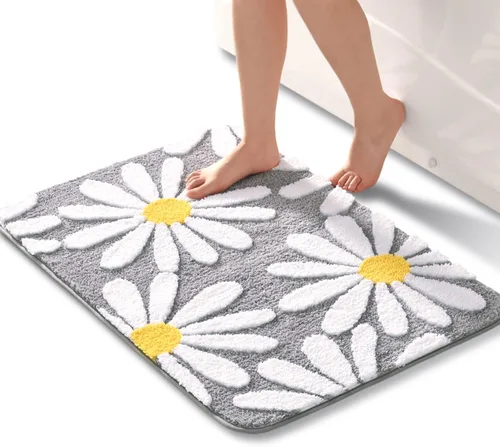 Vista 7 de QJHOMO Alfombra de baño beige con diseño de margaritas, decoración de flores blancas y amarillas, alfombra antideslizante de microfibra, súper