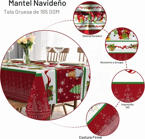 Vista 4 de Mantel redondo de Navidad de 70 pulgadas, mantel redondo de árbol de Navidad, muñeco de nieve con gnomos, cubierta de mesa circular de Papá Noel