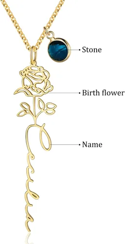 Vista 8 de Collar de nacimiento floral personalizado con nombre grabado y piedra natal, collar de promesa personalizado para mujeres, novia, mamá, esposa