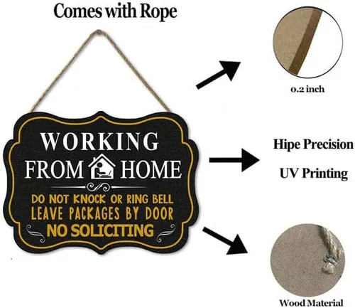 Vista 8 de Letrero con texto en inglés "Working from Home" ("Do Not Knock or Ring Bell Leave Packages at Door No Soliciting") para puerta delantera, letrero