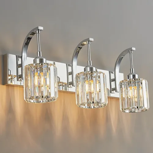 Vista 34 de Luces de tocador de cristal de 3 luces negras para tocador de baño, modernas lámparas de baño de cristal sobre espejo de 23.62 pulgadas de largo