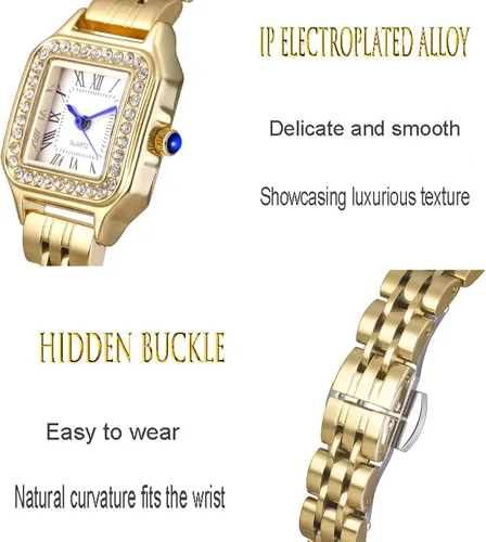 Vista 5 de ADSBIAOYE Relojes dorados para mujer, delicados relojes cuadrados vintage de lujo para mujer, vestido de diamantes de acero inoxidable, reloj