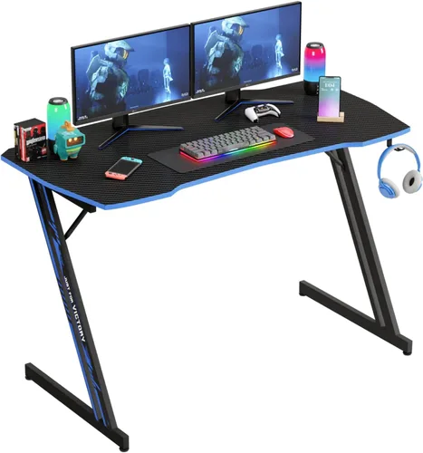 Vista 11 de PayLessHere Mesa de Juegos de 35" Azul Escritorio de Computadora en Forma de Z con Marco de Acero, Gancho para Auriculares, Pies Ajustables