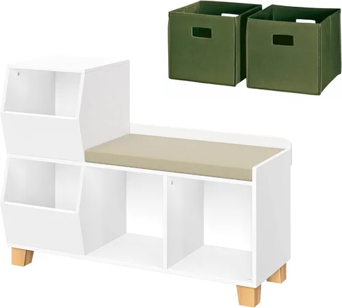Vista 9 de RiverRidge Banco organizador de almacenamiento de juguetes para niños con cubos y cubos de juguetes para sala de juegos, organizador de cubos