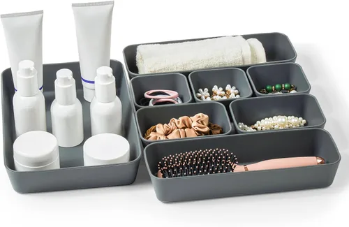 Vista 10 de ISSEVE 8 bandejas organizadoras de cajones de silicona anidables, 4 tamaños versátiles para tocador de baño y escritorio, juego de contenedores