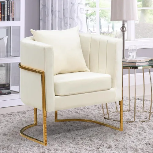 Vista 24 de Silla moderna de cuero, sillón tapizado de mediados de siglo con almohada para sala de estar, cómoda silla de tocador individual con patas doradas