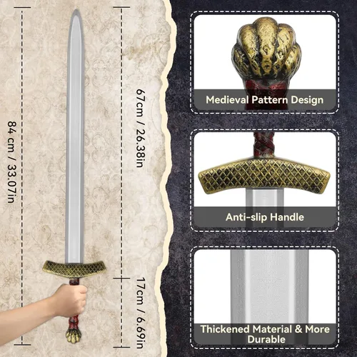 Vista 2 de King Arthur Espada de juguete, espada larga medieval de 35 pulgadas, espada de plástico, accesorios de disfraz de caballero medieval para accesorios