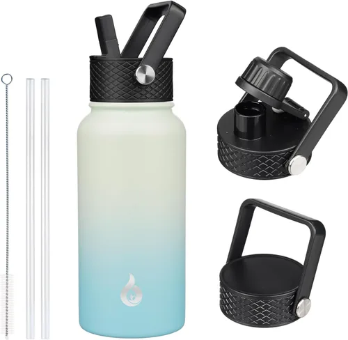 Vista 87 de BJPKPK Botellas de Agua Aisladas con Tapa de Pajita, Botella de Agua de Acero Inoxidable de 18oz, Termo Frío Caliente con 3 Tapas, Vaso de Viaje a