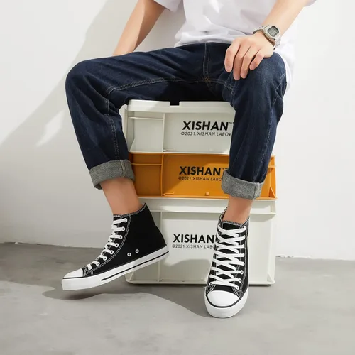 Vista 9 de Zapatillas de lona altas para hombre, zapatos de lona casuales con cordones para hombre, zapatos de lona de moda blanca y negra para caminar