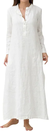 Vista 12 de Vestido de manga larga para mujer, casual, de algodón, lino, con botones, maxivestidos tipo caftán, blanco y azul